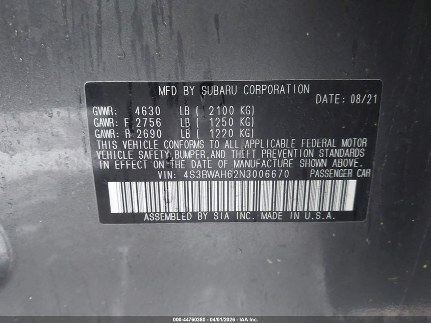 2022 Subaru Legacy Sport VIN: 4S3BWAH62N3006670 Lot: 44760380