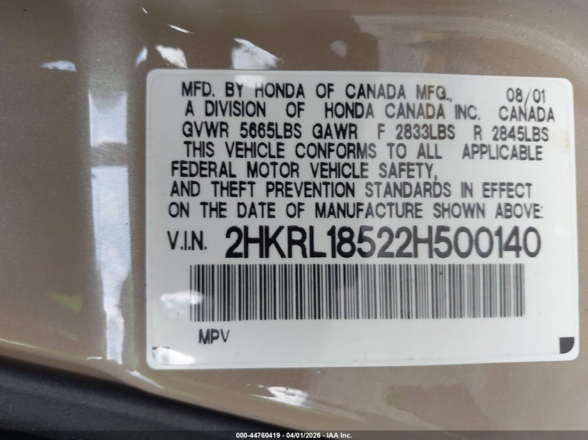 2002 Honda Odyssey Lx VIN: 2HKRL18522H500140 Lot: 44760419