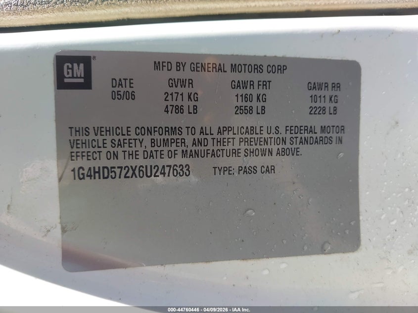 2006 Buick Lucerne Cxl VIN: 1G4HD572X6U247633 Lot: 44760446