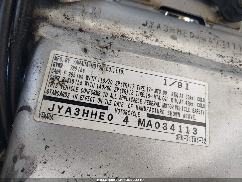 1991 Yamaha Fzr600 R VIN: JYA3HHE04MA034113 Lot: 44760481
