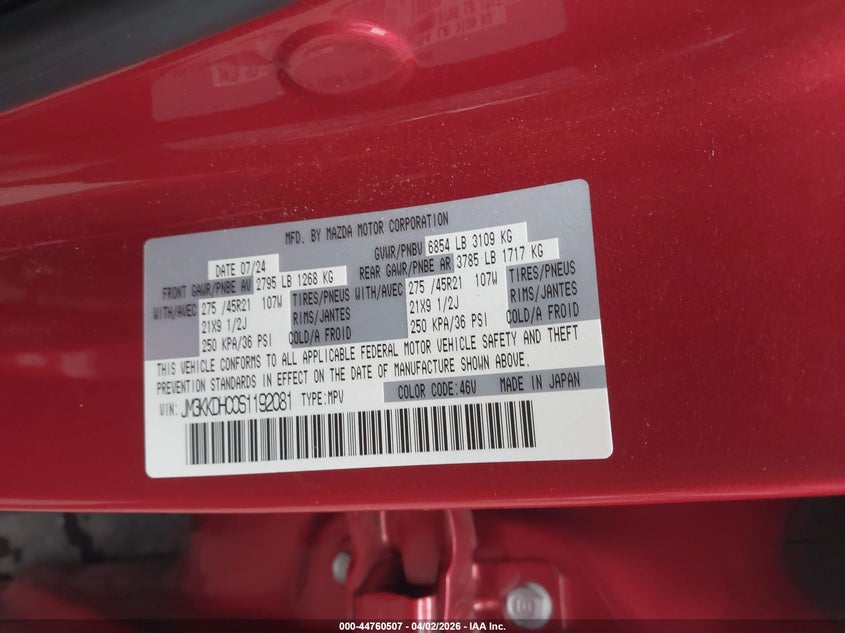 2025 Mazda Cx-90 3.3 Turbo S Premium Package VIN: JM3KKDHC0S1192081 Lot: 44760507