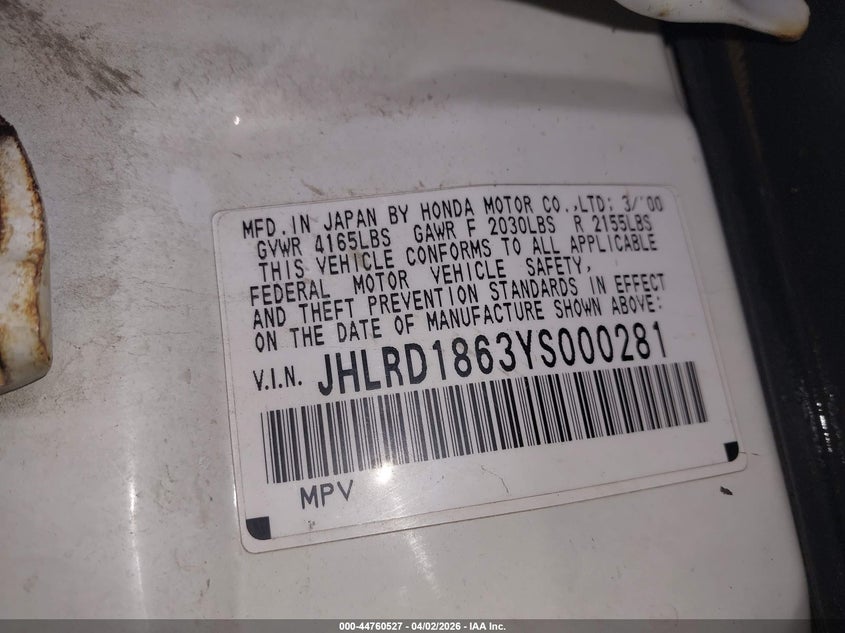 2000 Honda Cr-V Ex VIN: JHLRD1863YS000281 Lot: 44760527