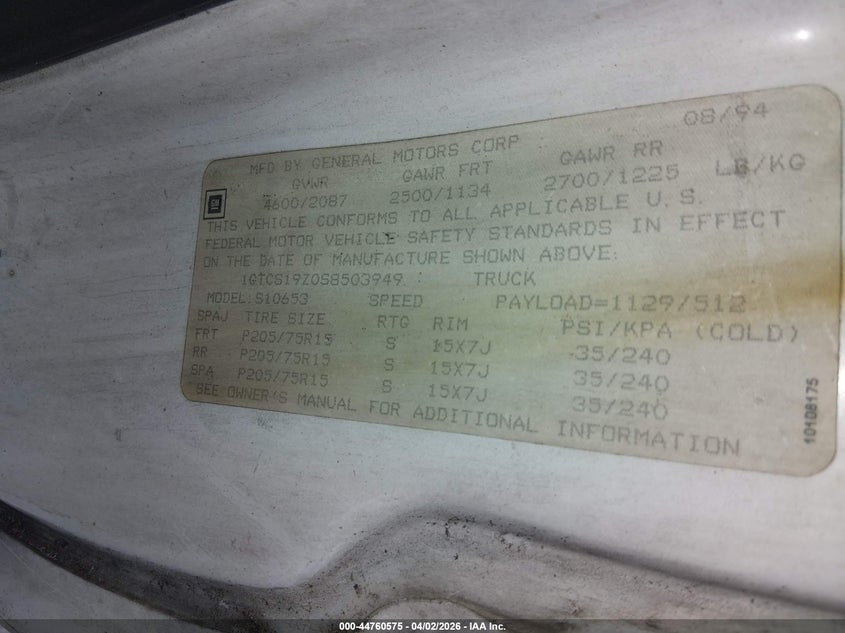 1995 GMC Sonoma VIN: 1GTCS19Z0S8503949 Lot: 44760575