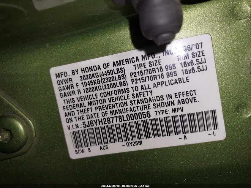 2008 Honda Element Ex VIN: 5J6YH28778L000056 Lot: 44760610