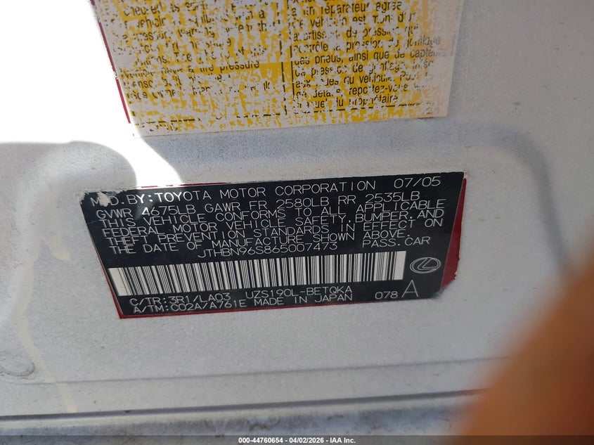 2006 Lexus Gs 430 VIN: JTHBN96S865007473 Lot: 44760654