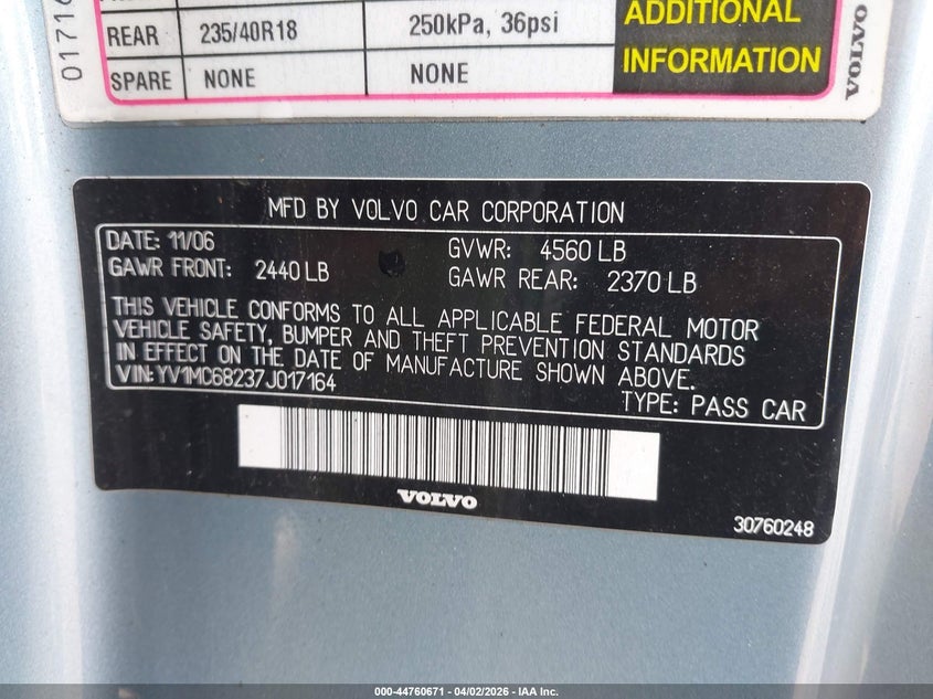2007 Volvo C70 T5 VIN: YV1MC68237J017164 Lot: 44760671