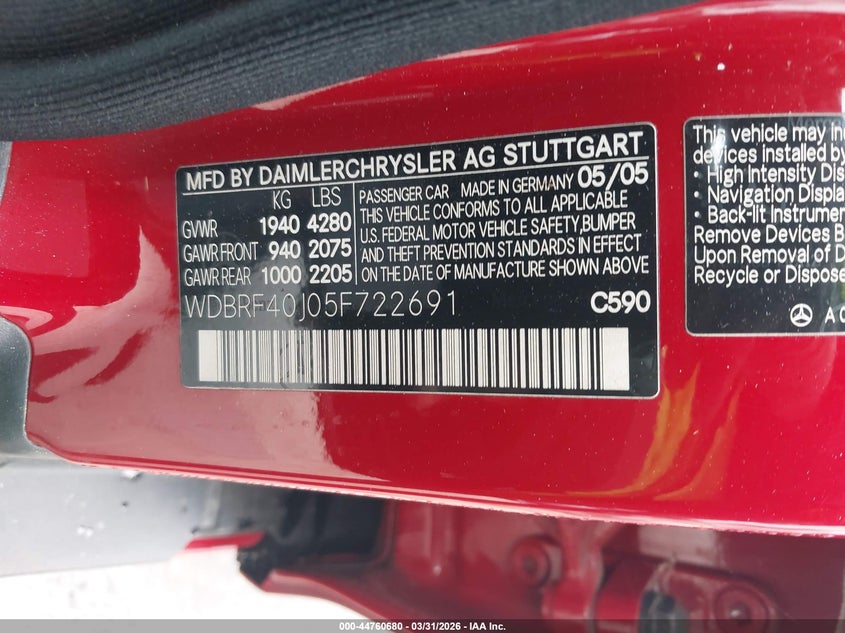 2005 Mercedes-Benz C 230 Kompressor Sport VIN: WDBRF40J05F722691 Lot: 44760680