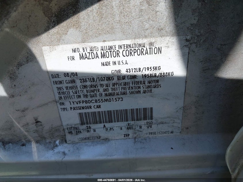 2005 Mazda Mazda6 I Base VIN: 1YVFP80C855M01573 Lot: 44760691