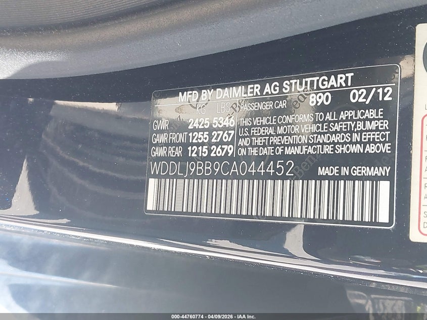 2012 Mercedes-Benz Cls 550 4Matic VIN: WDDLJ9BB9CA044452 Lot: 44760774