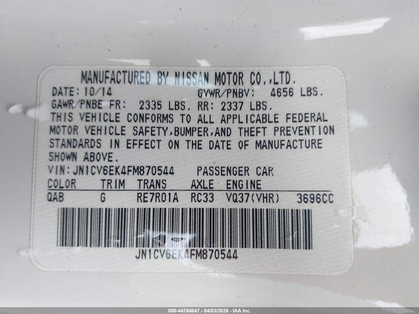 2015 Infiniti Q60 Journey VIN: JN1CV6EK4FM870544 Lot: 44760847