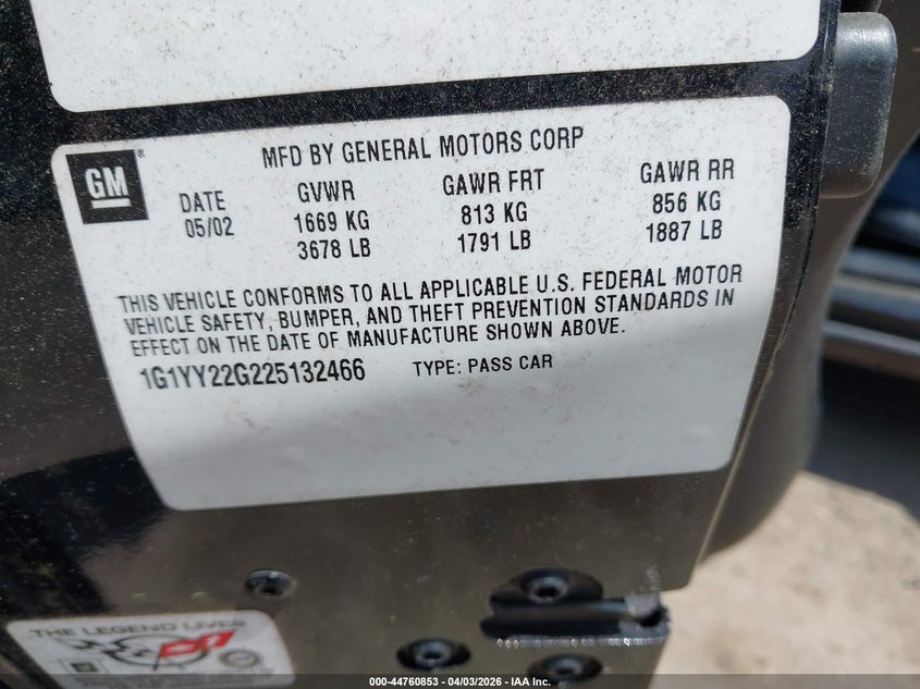 2002 Chevrolet Corvette VIN: 1G1YY22G225132466 Lot: 44760853