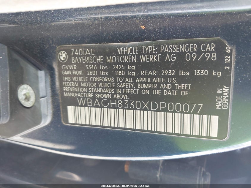 1999 BMW 740Il VIN: WBAGH8330XDP00077 Lot: 44760855