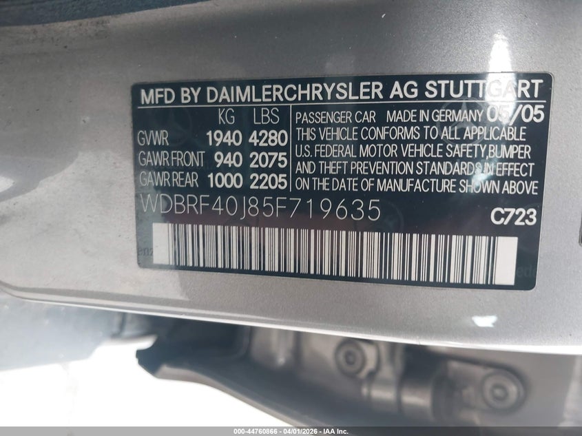 2005 Mercedes-Benz C 230 Kompressor Sport VIN: WDBRF40J85F719635 Lot: 44760866