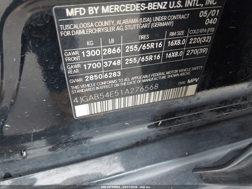 2001 Mercedes-Benz Ml 320 VIN: 4JGAB54E51A276568 Lot: 44760964