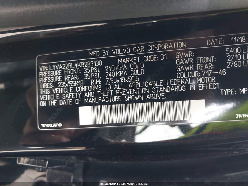 2019 Volvo Xc60 T6 Inscription VIN: LYVA22RL4KB283130 Lot: 44761014