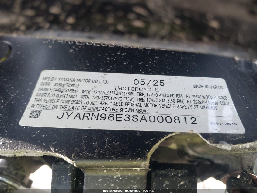 2025 Yamaha Mtm890 VIN: JYARN96E3SA000812 Lot: 44761023