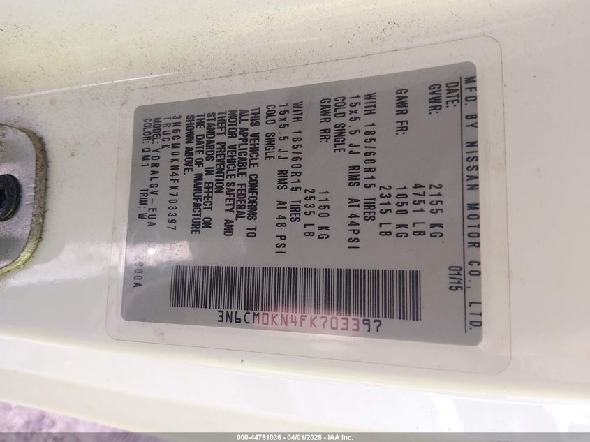 2015 Nissan Nv200 Sv VIN: 3N6CM0KN4FK703397 Lot: 44761036