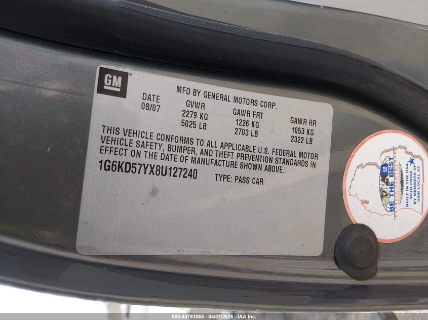 2008 Cadillac Dts 1Sc VIN: 1G6KD57YX8U127240 Lot: 44761065