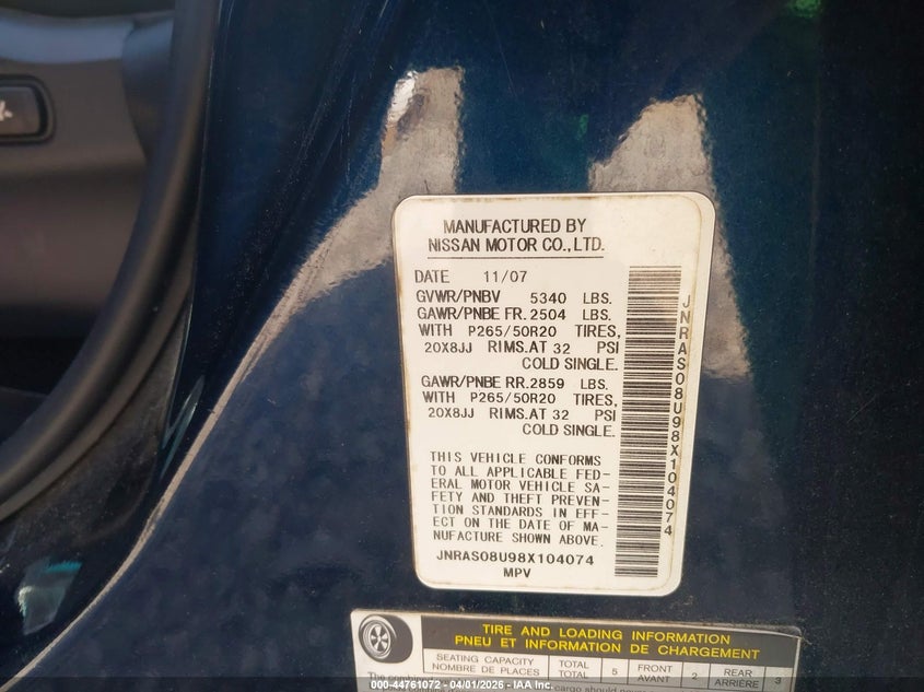 2008 Infiniti Fx35 VIN: JNRAS08U98X104074 Lot: 44761072