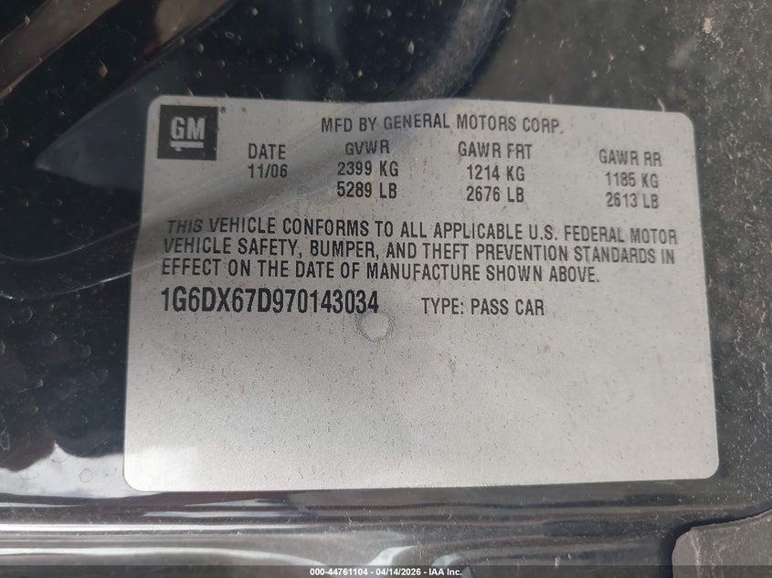 2007 Cadillac Sts-V VIN: 1G6DX67D970143034 Lot: 44761104