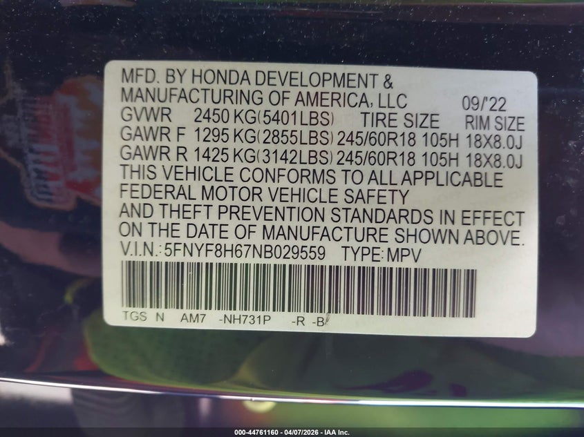 2022 Honda Passport Awd Trailsport VIN: 5FNYF8H67NB029559 Lot: 44761160