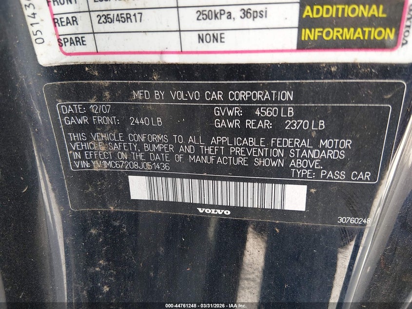 2008 Volvo C70 T5 VIN: YV1MC67208J051436 Lot: 44761248