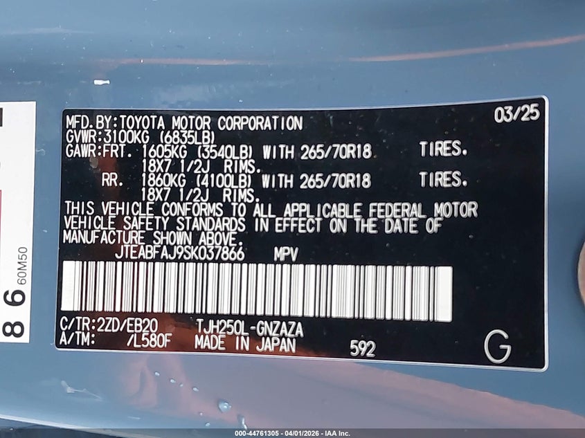 2025 Toyota Land Cruiser VIN: JTEABFAJ9SK037866 Lot: 44761305