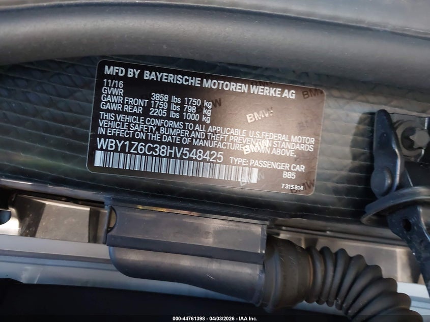 2017 BMW I3 94 Ah VIN: WBY1Z6C38HV548425 Lot: 44761398