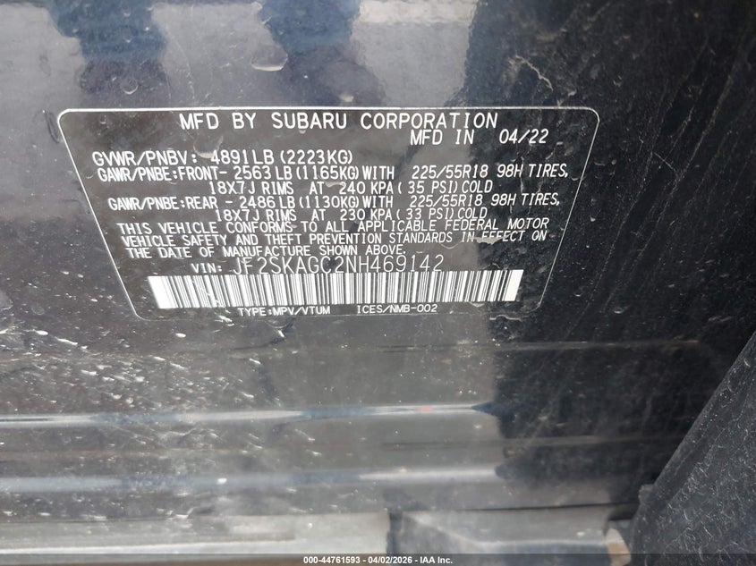 2022 Subaru Forester Sport VIN: JF2SKAGC2NH469142 Lot: 44761593
