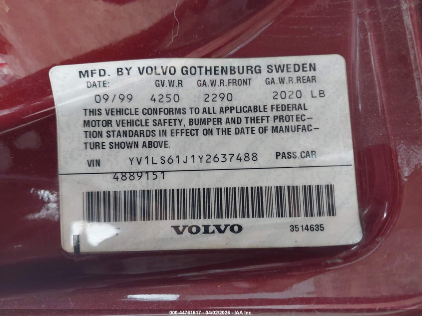 2000 Volvo S70 Se VIN: YV1LS61J1Y2637488 Lot: 44761617