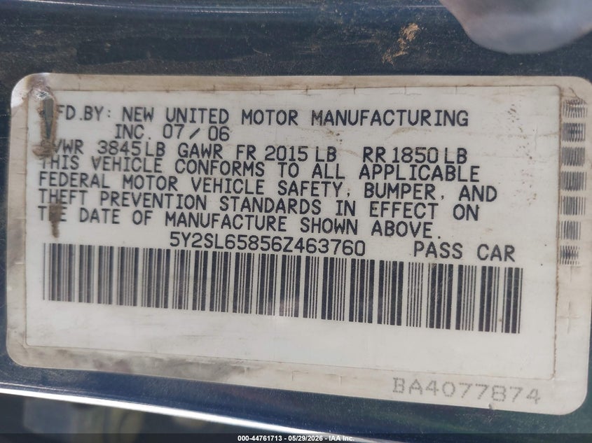 2006 Pontiac Vibe VIN: 5Y2SL65856Z463760 Lot: 44761713