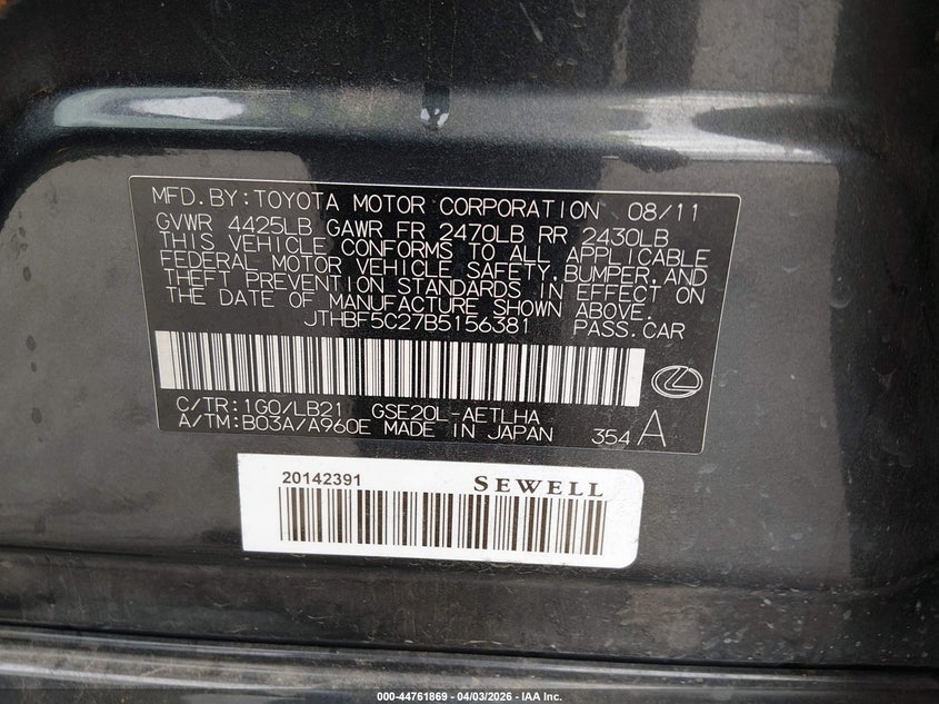 2011 Lexus Is 250 VIN: JTHBF5C27B5156381 Lot: 44761869