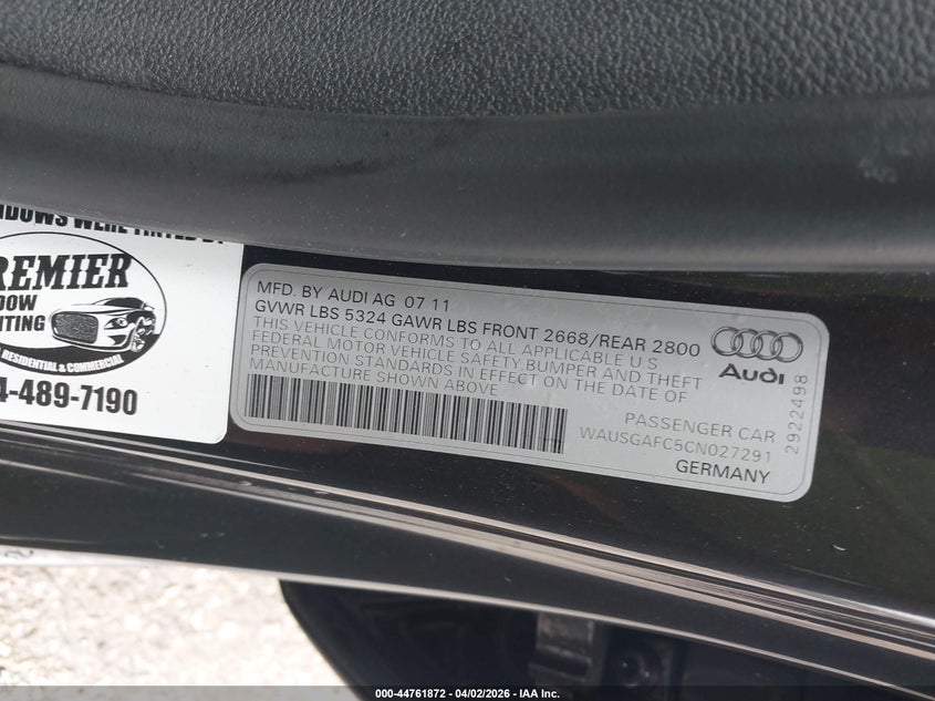 2012 Audi A7 Premium VIN: WAUSGAFC5CN027291 Lot: 44761872