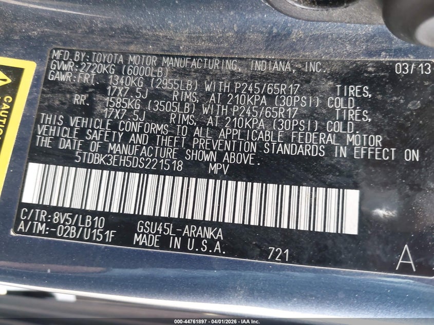 2013 TOYOTA HIGHLANDER SPORT UTILITY VEHICLE 3.5L V-6 DOHC, VVT, 270HP