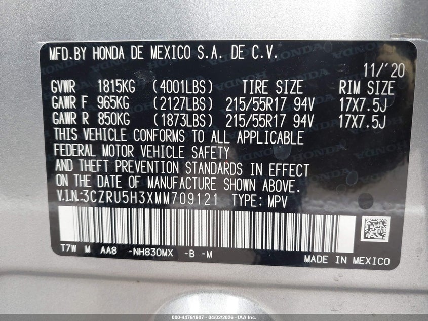 2021 HONDA HR-V 1.8L I-4 VVT, 141HP(VIN: 3CZRU5H3XMM709121