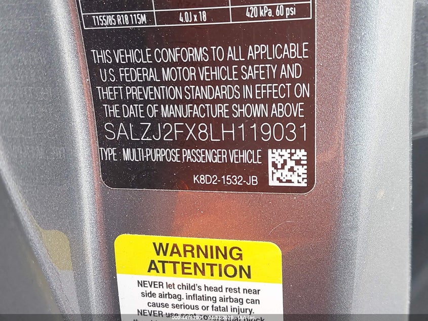 2020 Land Rover Range Rover Evoque S VIN: SALZJ2FX8LH119031 Lot: 44762001