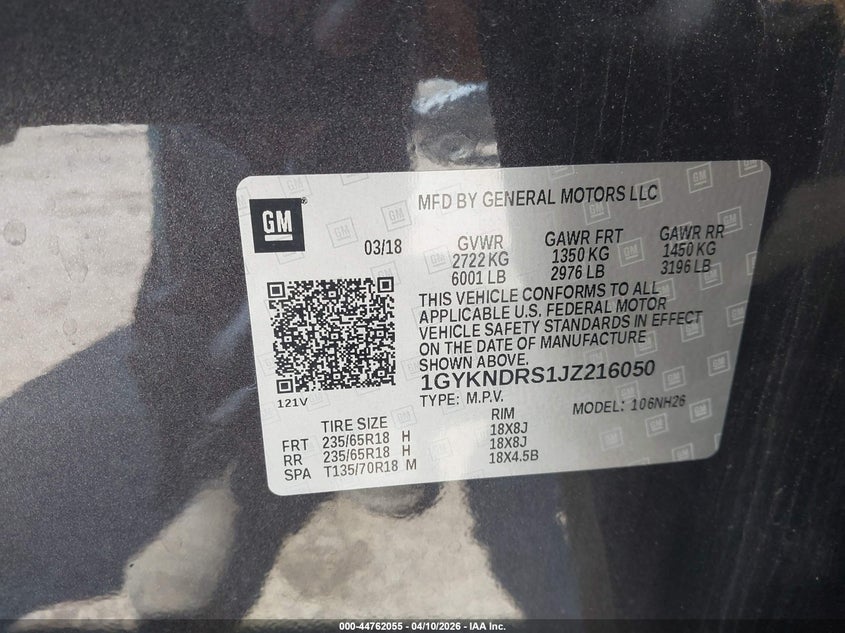 2018 Cadillac Xt5 Luxury VIN: 1GYKNDRS1JZ216050 Lot: 44762055