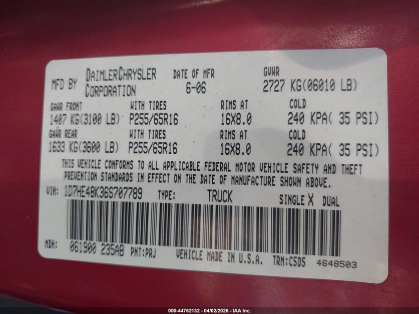 2006 Dodge Dakota Slt VIN: 1D7HE48K36S707789 Lot: 44762132