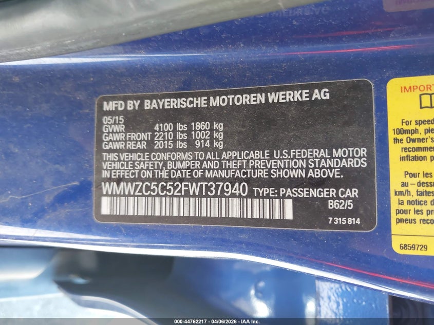 2015 Mini Countryman Cooper S VIN: WMWZC5C52FWT37940 Lot: 44762217