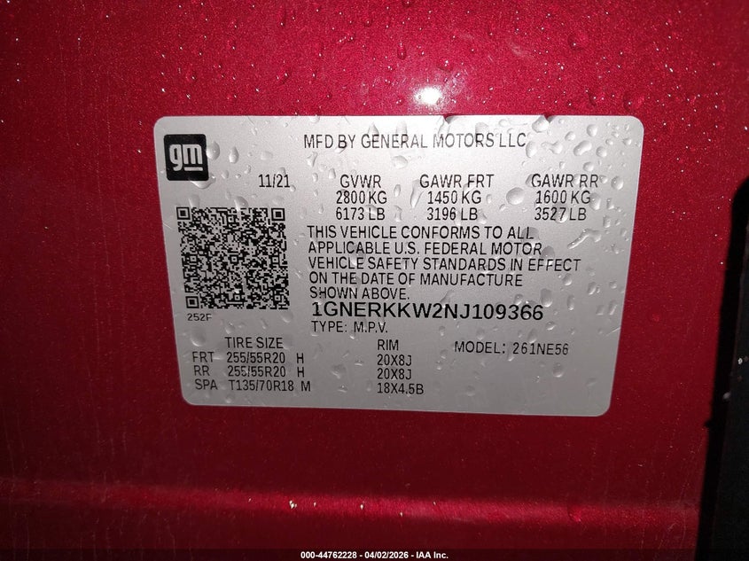 2022 CHEVROLET TRAVERSE 3.6L V-6 DI, DOHC, V(VIN: 1GNERKKW2NJ109366