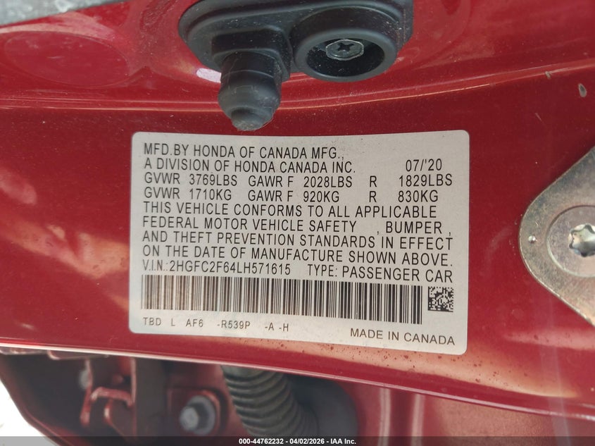 VIN 2HGFC2F64LH571615 2020 HONDA CIVIC LX