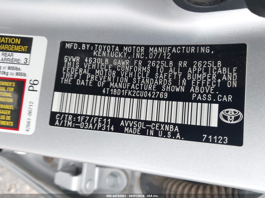 2012 TOYOTA CAMRY SEDAN 2.5L I-4 DOHC, VVT, 156HP
