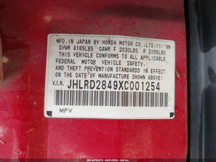 1999 Honda Cr-V Lx VIN: JHLRD2849XC001254 Lot: 44762475