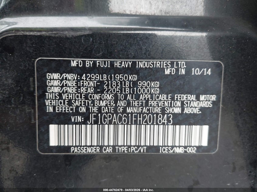 2015 SUBARU IMPREZA HATCHBACK 2.0L H-4 DOHC, VVT, 148HP