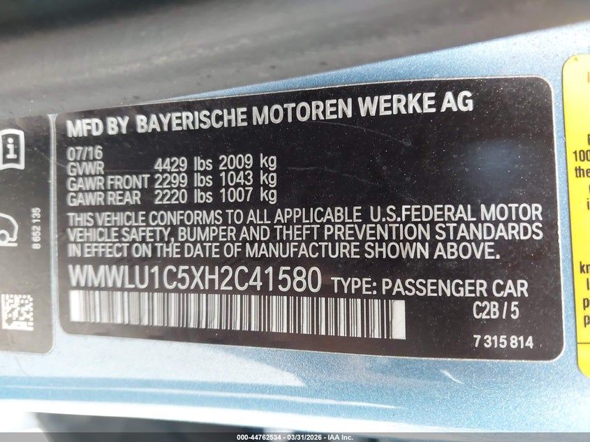 2017 Mini Clubman Cooper VIN: WMWLU1C5XH2C41580 Lot: 44762534