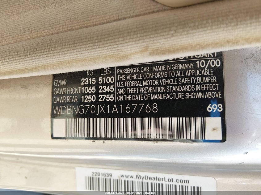 2001 Mercedes-Benz S 430 VIN: WDBNG70JX1A167768 Lot: 44762573