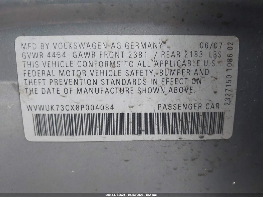 2008 Volkswagen Passat Turbo VIN: WVWUK73CX8P004084 Lot: 44762624