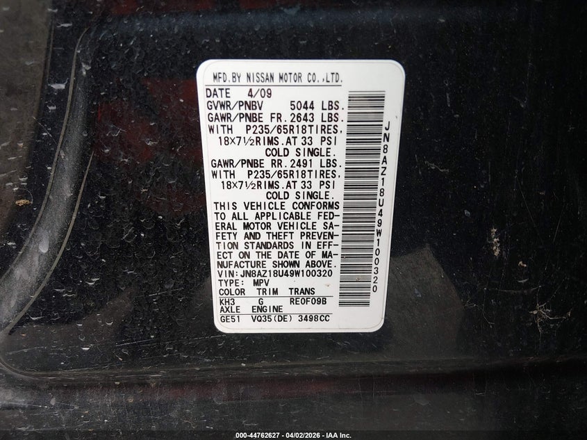 2009 Nissan Murano Sl VIN: JN8AZ18U49W100320 Lot: 44762627