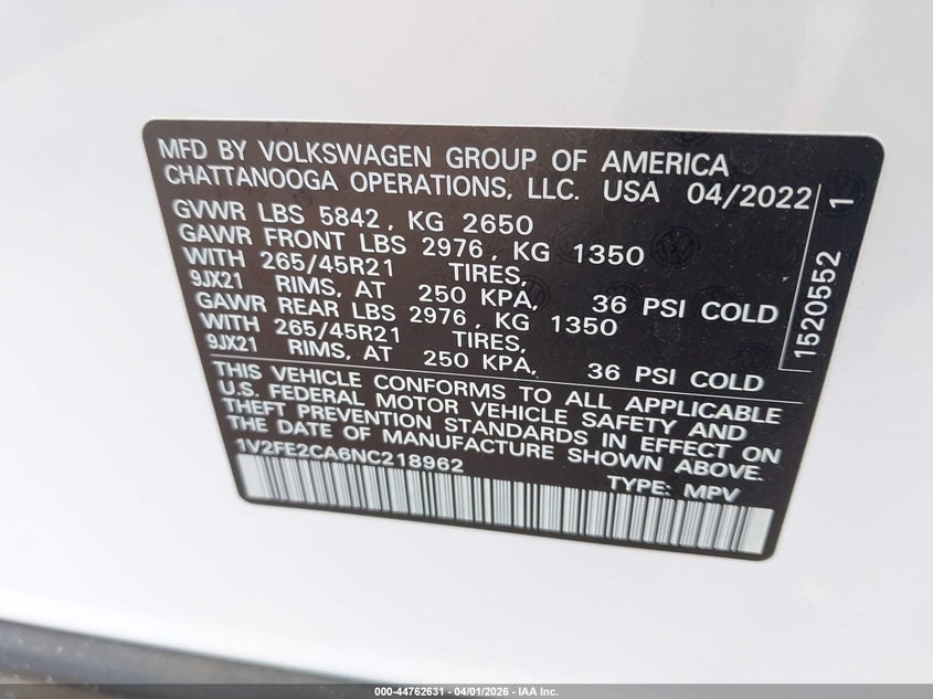 2022 Volkswagen Atlas Cross Sport 3.6L V6 Sel Premium R-Line VIN: 1V2FE2CA6NC218962 Lot: 44762631