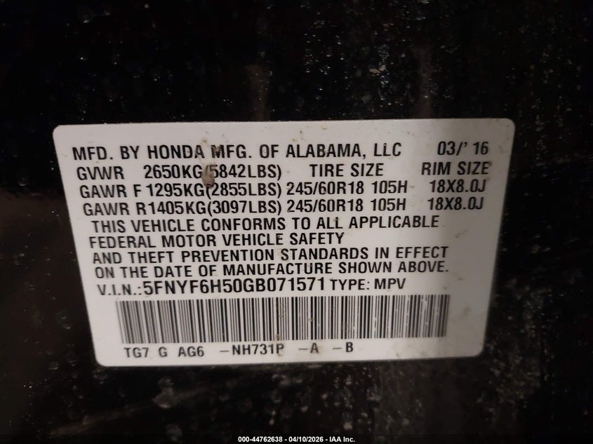2016 Honda Pilot 3.5 Ex-L Black Lot 111044762638 Vin 5FNYF6H50GB071571